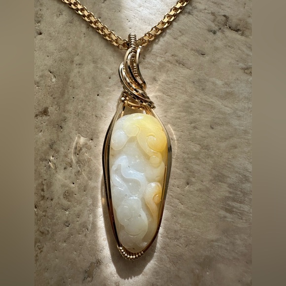 artifice jewelry Jewelry - 14k Gold Filled Genuine Jade Carved Luck Stone Healing Necklace Pendant